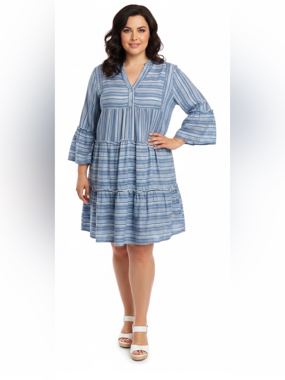 Avara Striped Blue Tiered V-Neck Cottagecore Lined Summer Babydoll Dress Size XL